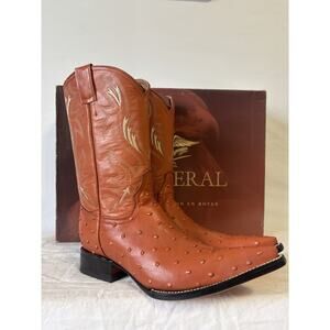El General Cowboy Boots Ivory/orange Leather Ostrich print womens Sz 8.5‎